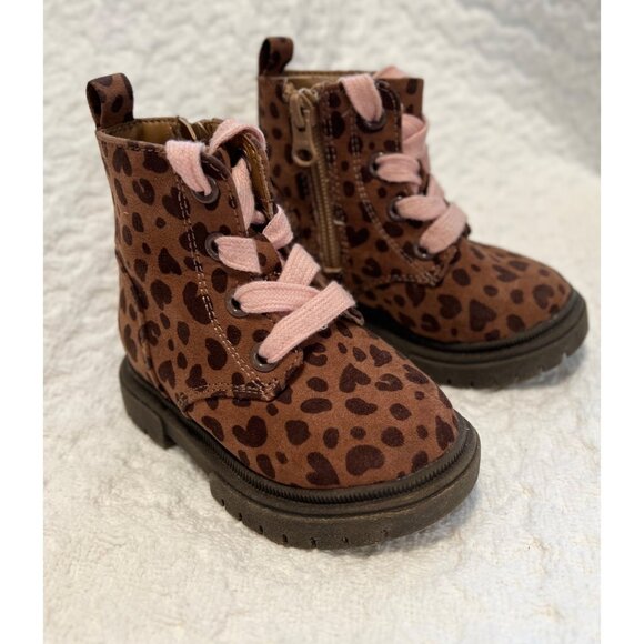 Toddler Leopard Print Boots With Pink Laces Cat & Jack Size 5C Faux Suede - Picture 2 of 10